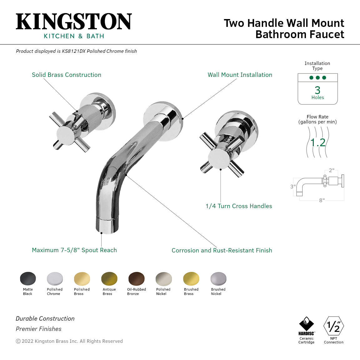 Kingston Sona KS8128DX - Concord Double-Handle 3-Hole Wall Mount Bathroom Faucet, Brushed Nickel — thumbnail 3